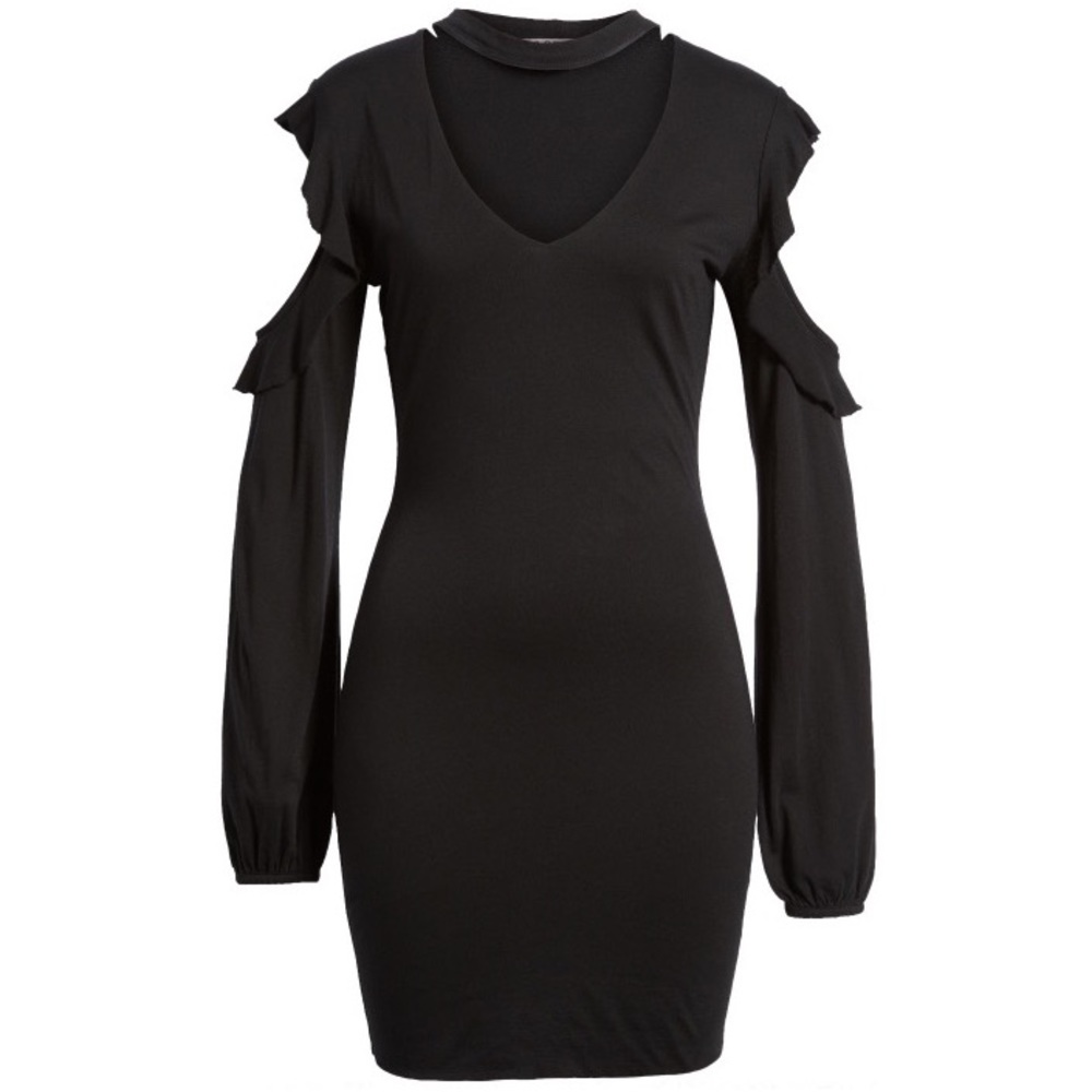 Pam & Gela Ruffled Cold Shoulder V Cutout Dress